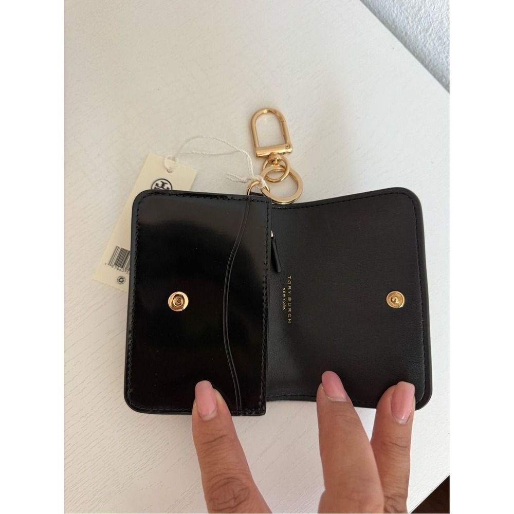 Tory Burch Emerson Smooth Flap Card Case Wallet 176972 Sleek Black Zip Key Hook - Picture 5 of 10